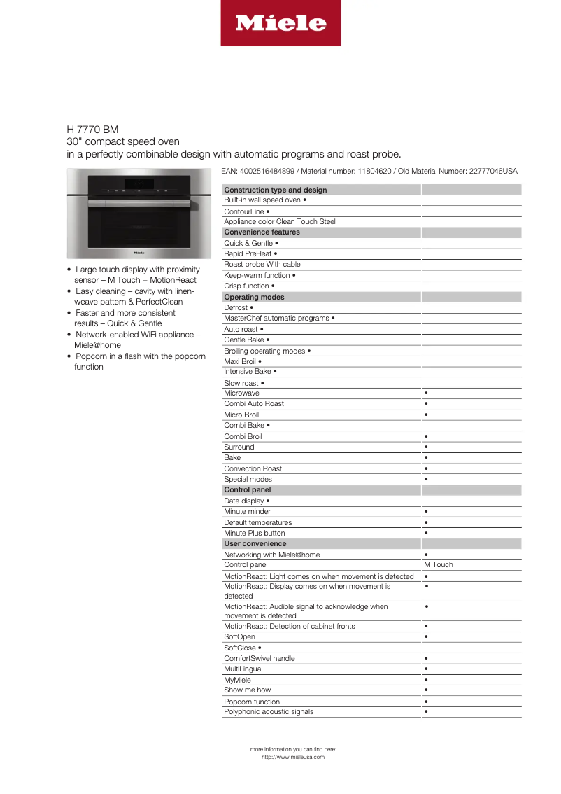 Page n°1 - Fiche technique Miele H 7770 BM