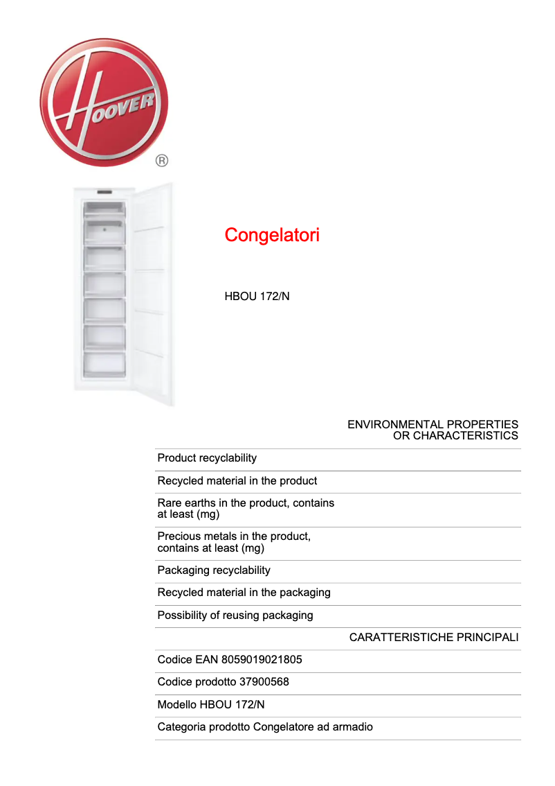 Page 1 de la notice Fiche technique Hoover H-FREEZE 500 HBOU 172/N