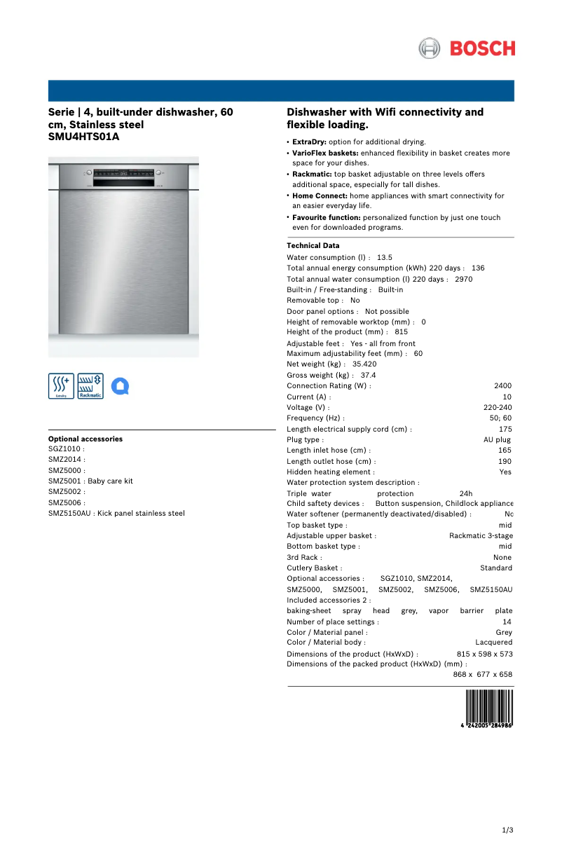 Page n°1 - Fiche technique Bosch SMU4HTS01A