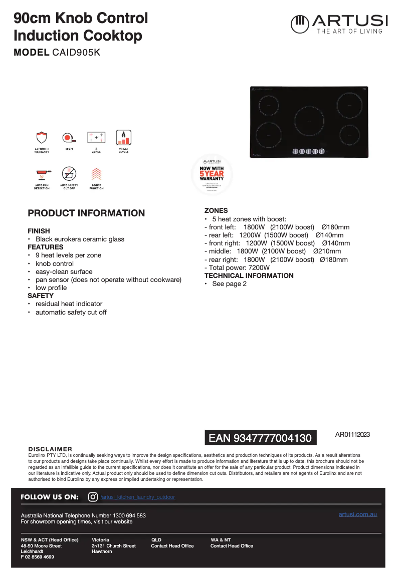 Page 1 de la notice Fiche technique Artusi CAID905K