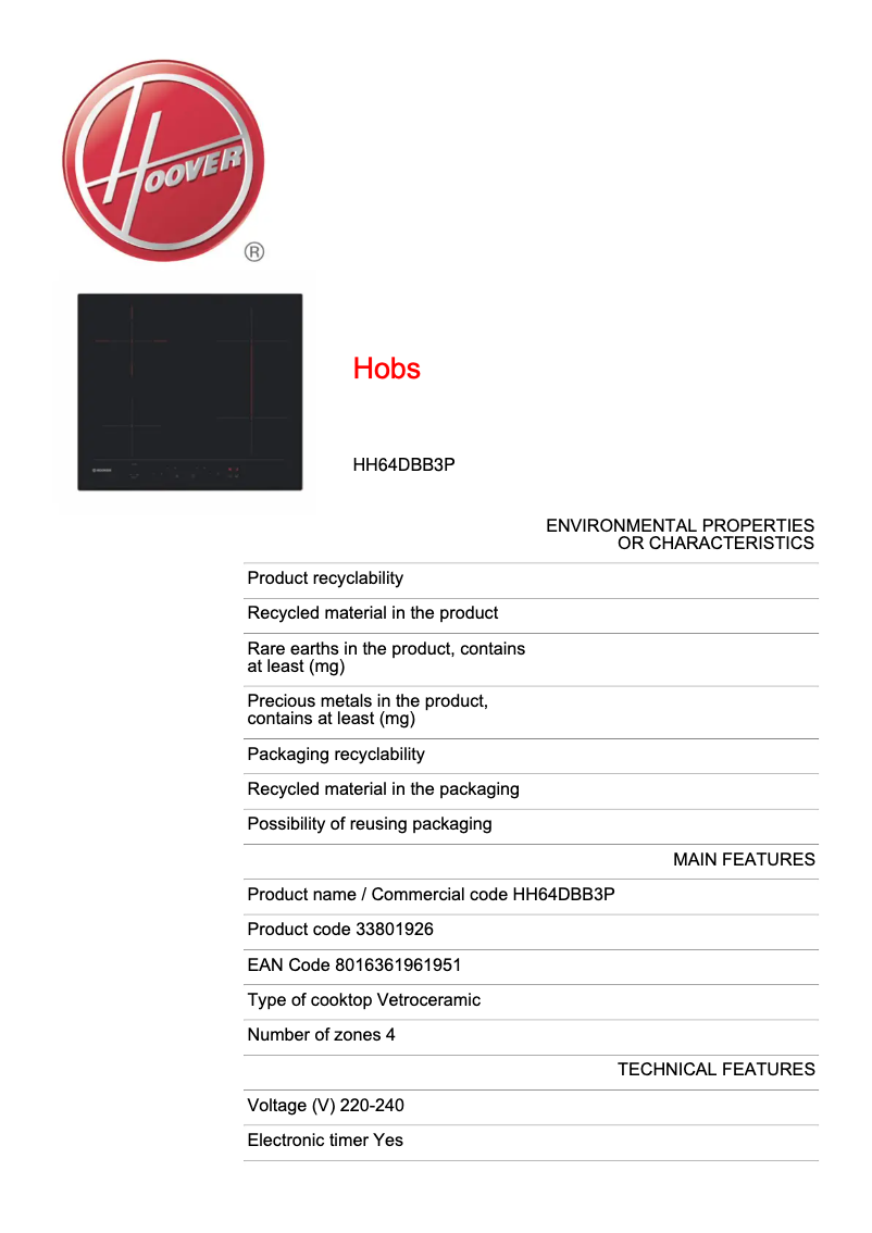 Page n°1 - Fiche technique Hoover HH64DBB3P