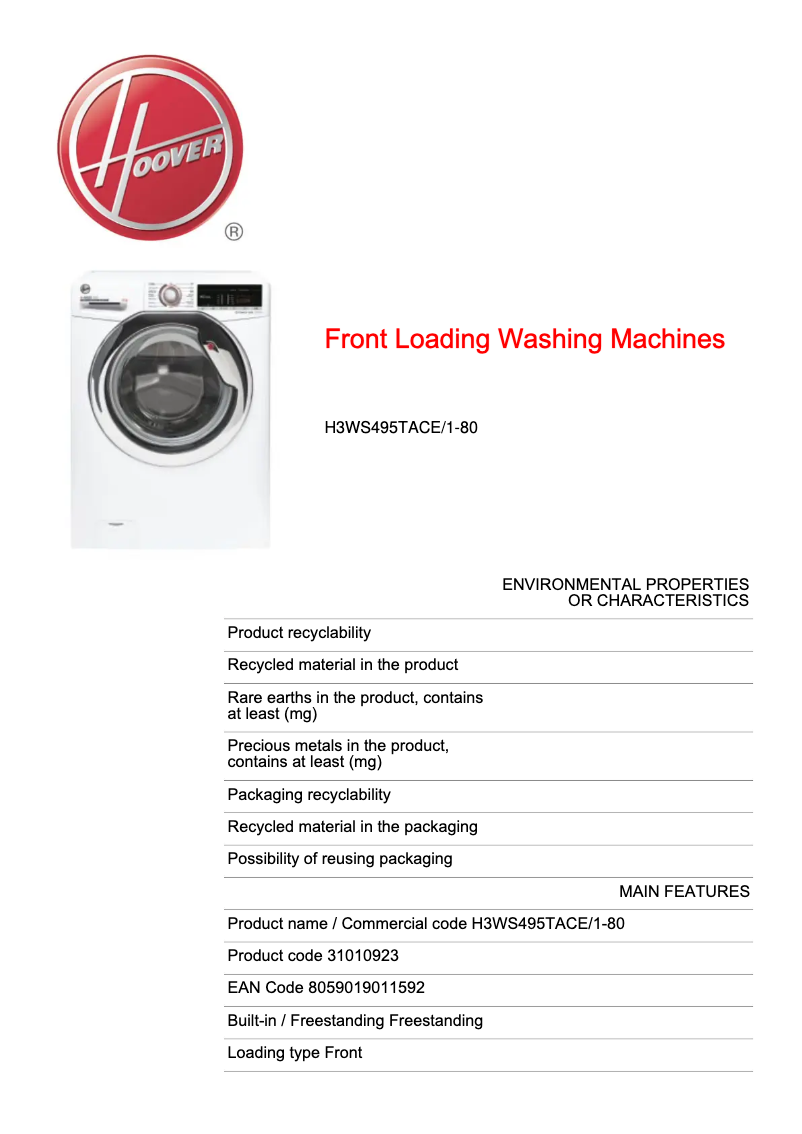 Page n°1 - Fiche technique Hoover H-WASH 300 LITE H3WS495TACE/1-80