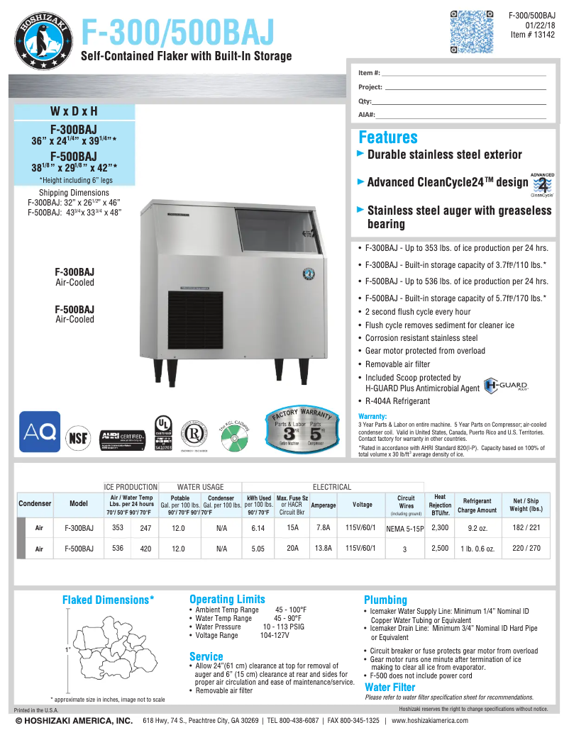 Page n°1 - Fiche technique Hoshizaki F-300BAJ