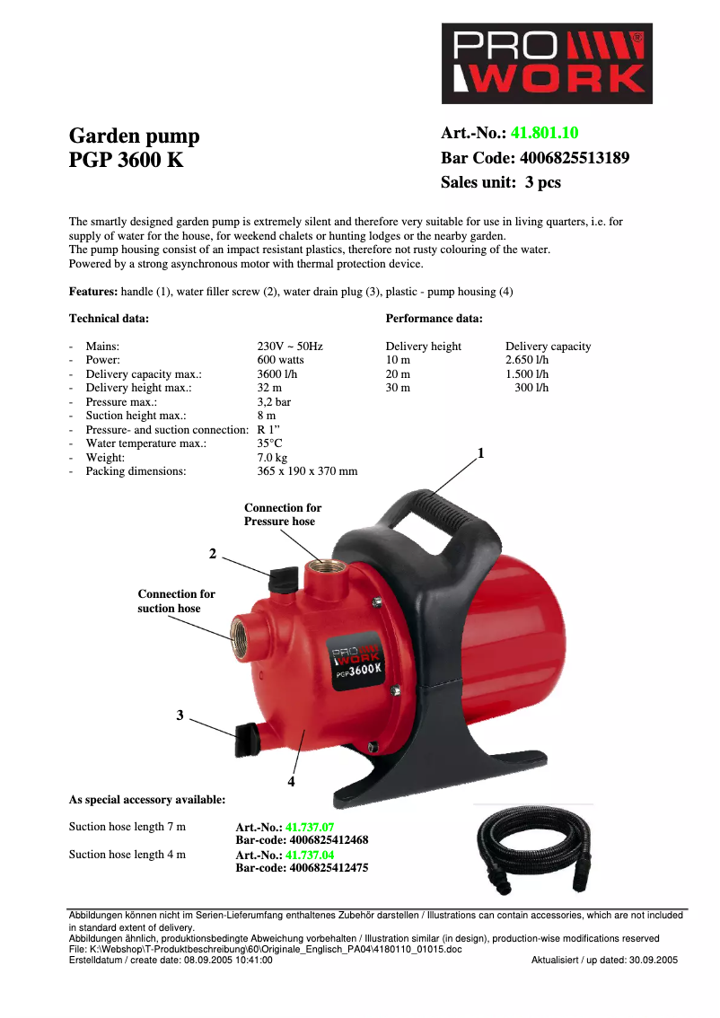 Page n°1 - Manuel utilisateur Prowork PGP 3600K