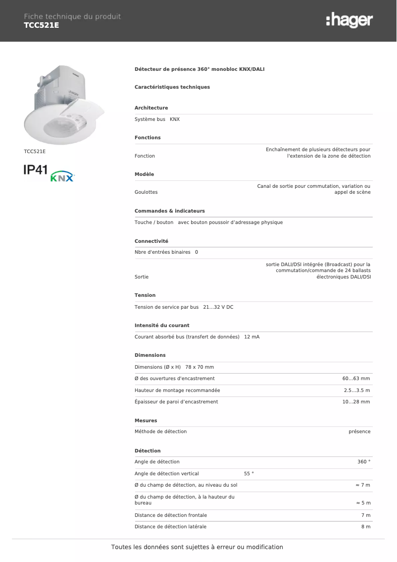 Page n°1 - Fiche technique Hager TCC521E
