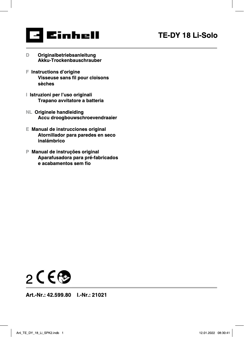 Page n°1 - Manuel utilisateur Einhell TE-DY 18 Li-Solo