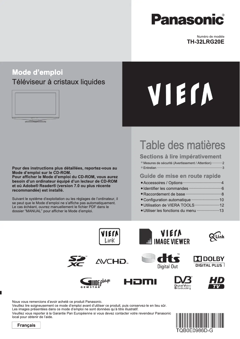 Image de la première page du manuel de l'appareil Viera TH-32LRG20E