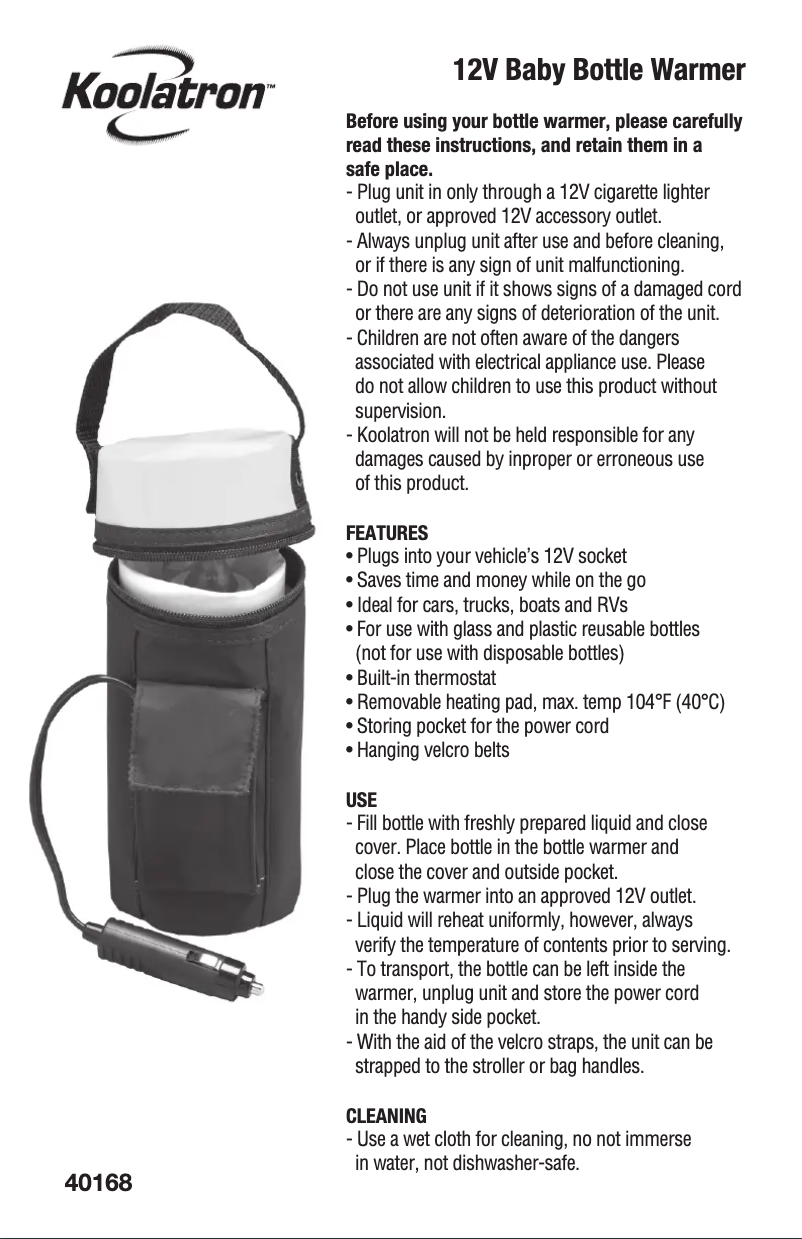 Page n°1 - Manuel utilisateur Koolatron 40168