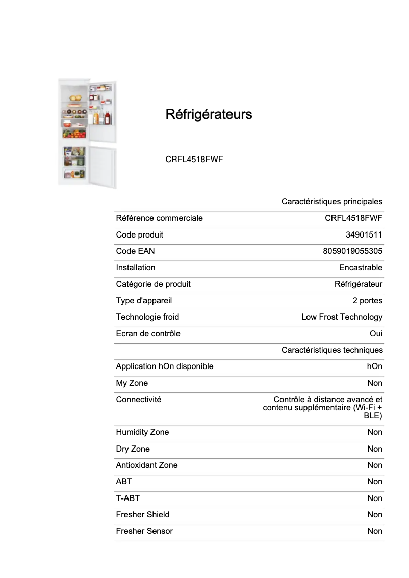 Page 1 de la notice Fiche technique Candy CRFL4518FWF