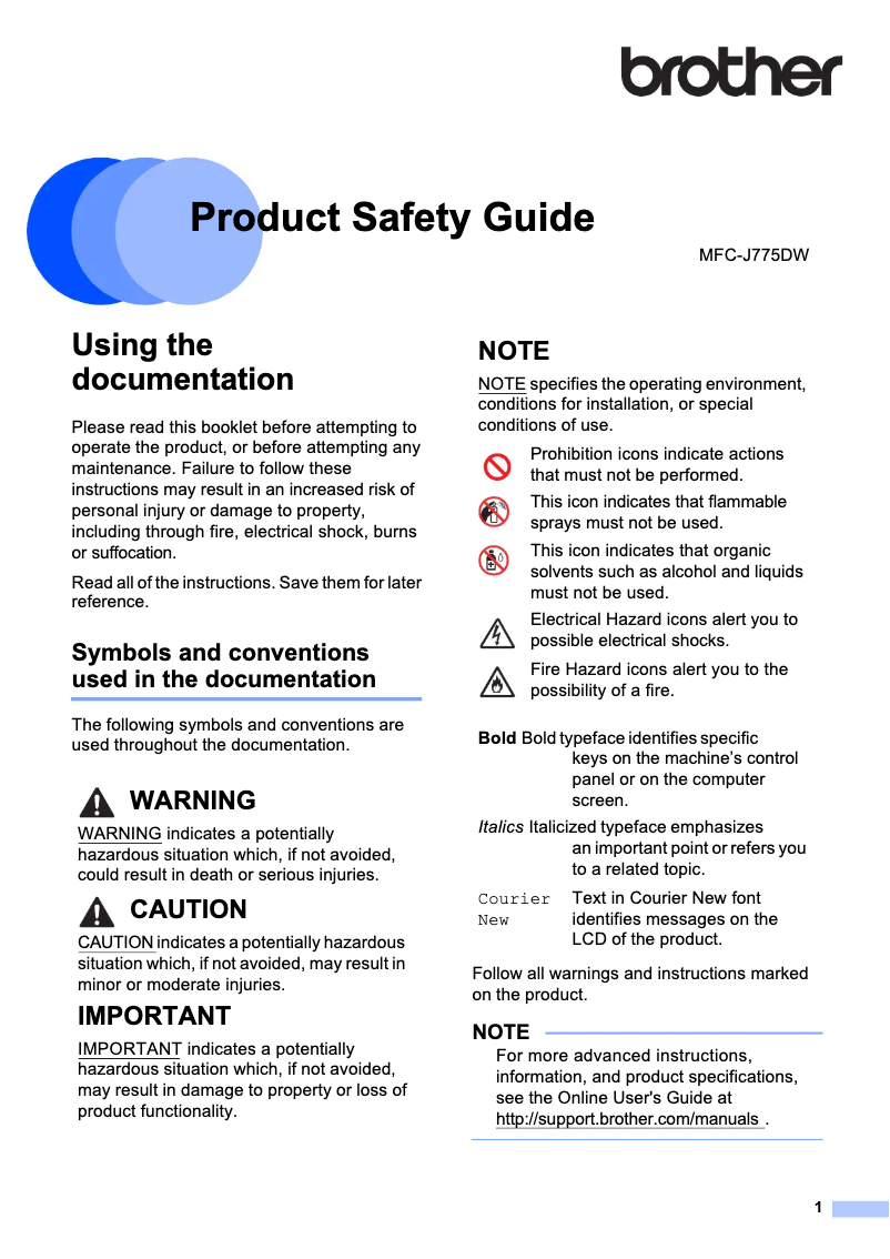 Page 1 de la notice Instructions de sécurité Brother MFC-J775DW
