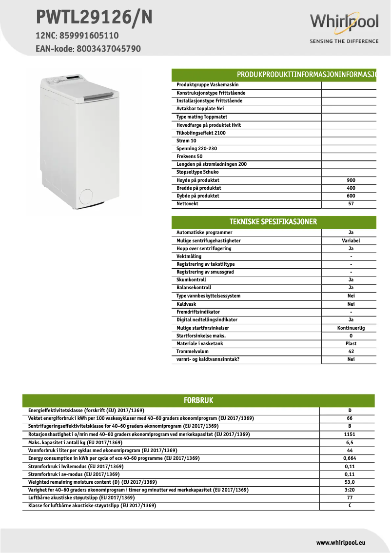 Page n°1 - Fiche technique Whirlpool PWTL29126/N
