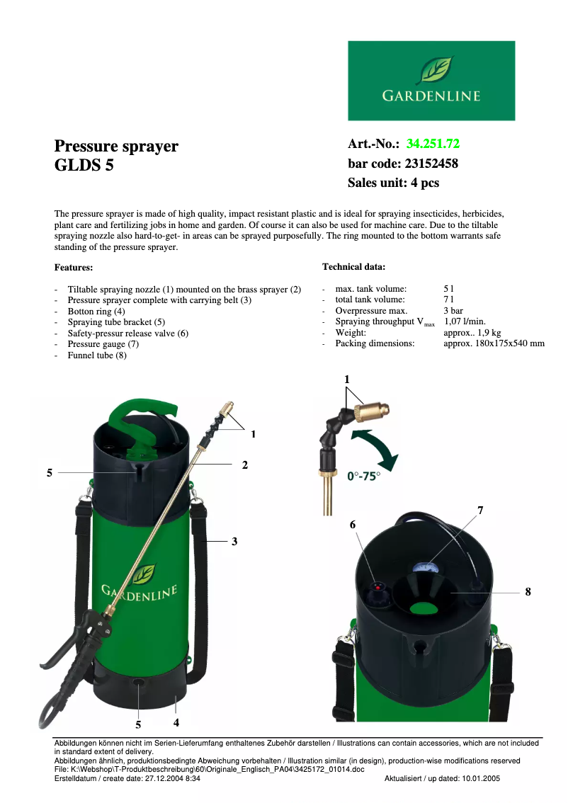 Page 1 de la notice Fiche technique Gardenline GLDS 5