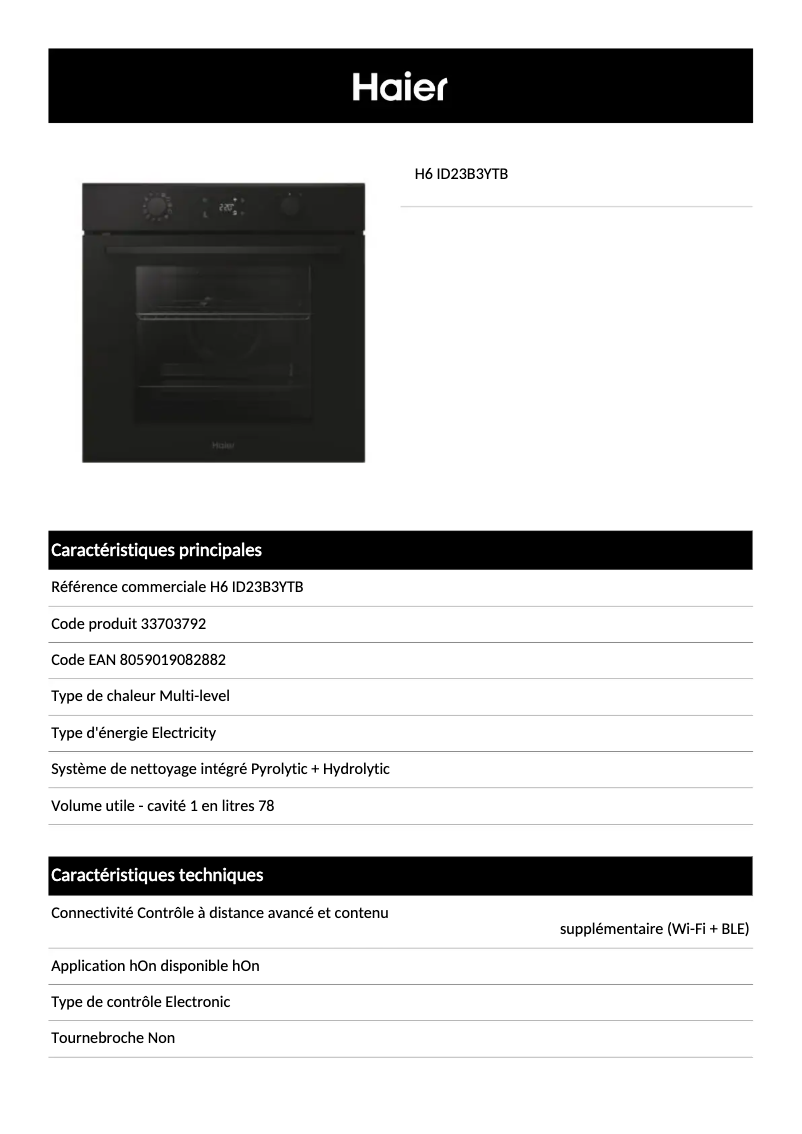 Page 1 de la notice Fiche technique Haier H6 ID23B3YTB