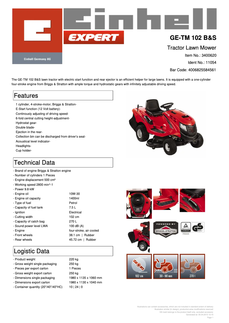 Page 1 de la notice Fiche technique Einhell GE-TM 102 B&S