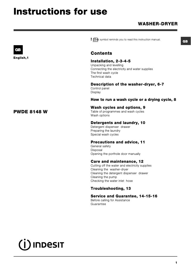 Page 1 de la notice Manuel utilisateur Indesit PWDE 8148 S