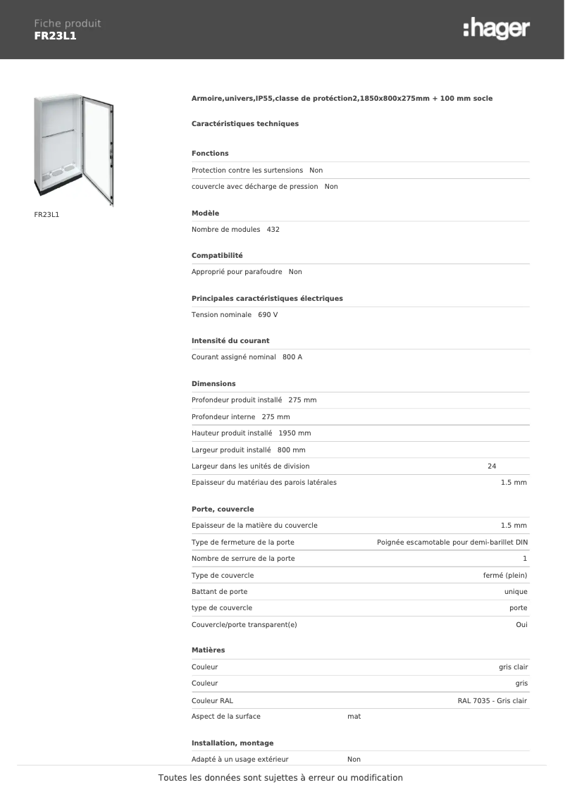 Page 1 de la notice Fiche technique Hager FR23L1