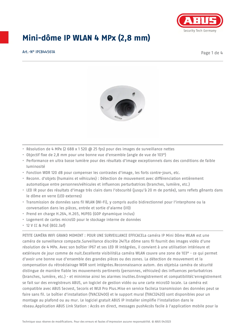 Page n°1 - Fiche technique Abus IPCB44561A