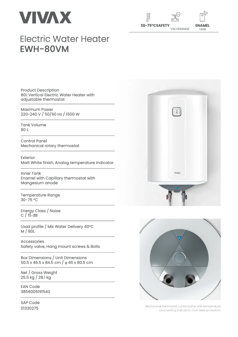 Page 1 de la notice Fiche technique Vivax EWH-80VM