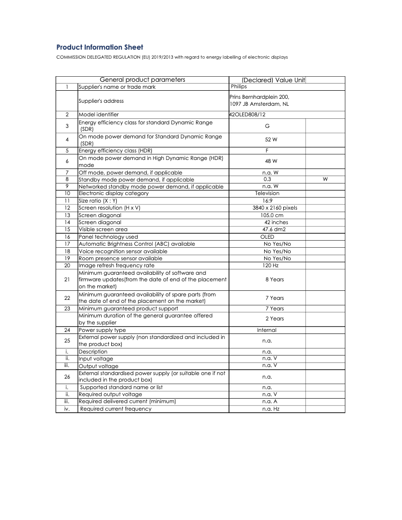 Page n°1 - Fiche technique Philips 42OLED808
