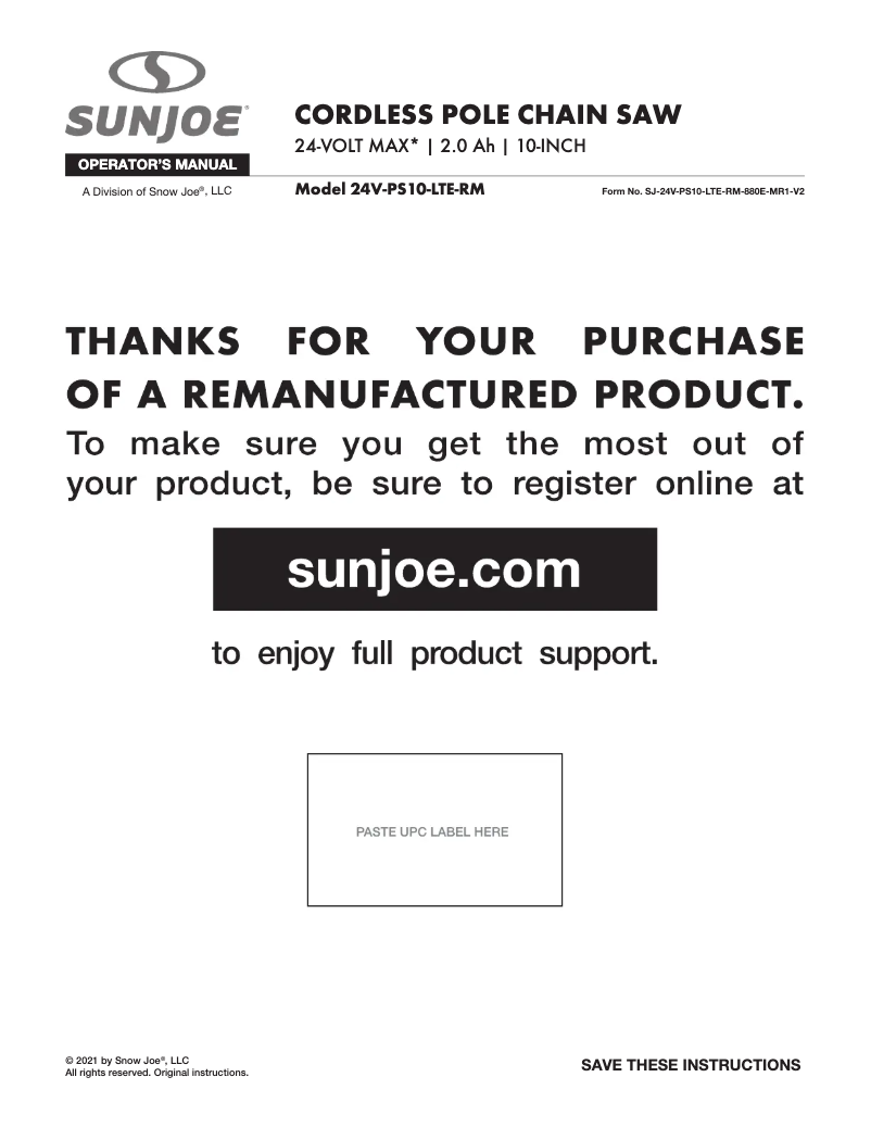 Page n°1 - Manuel utilisateur Sun Joe 24V-PS10-LTE-RM