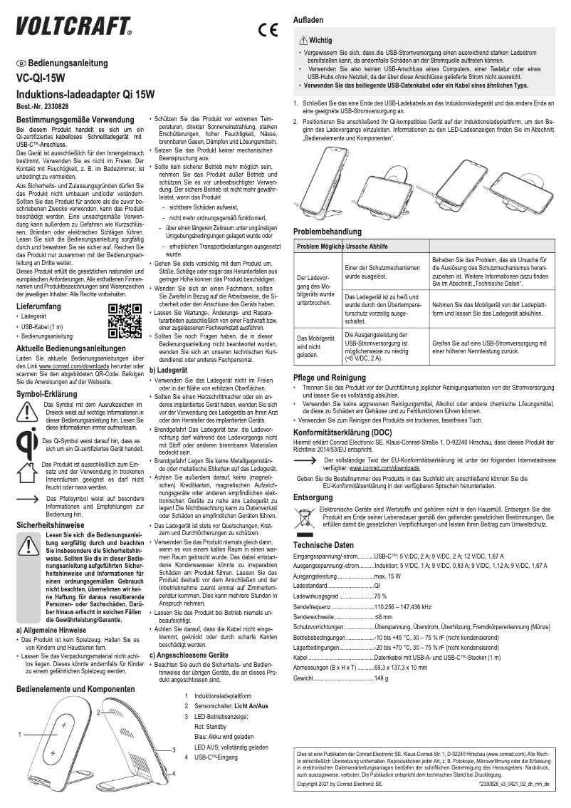 Page 1 de la notice Manuel utilisateur Voltcraft VC-Qi-15W