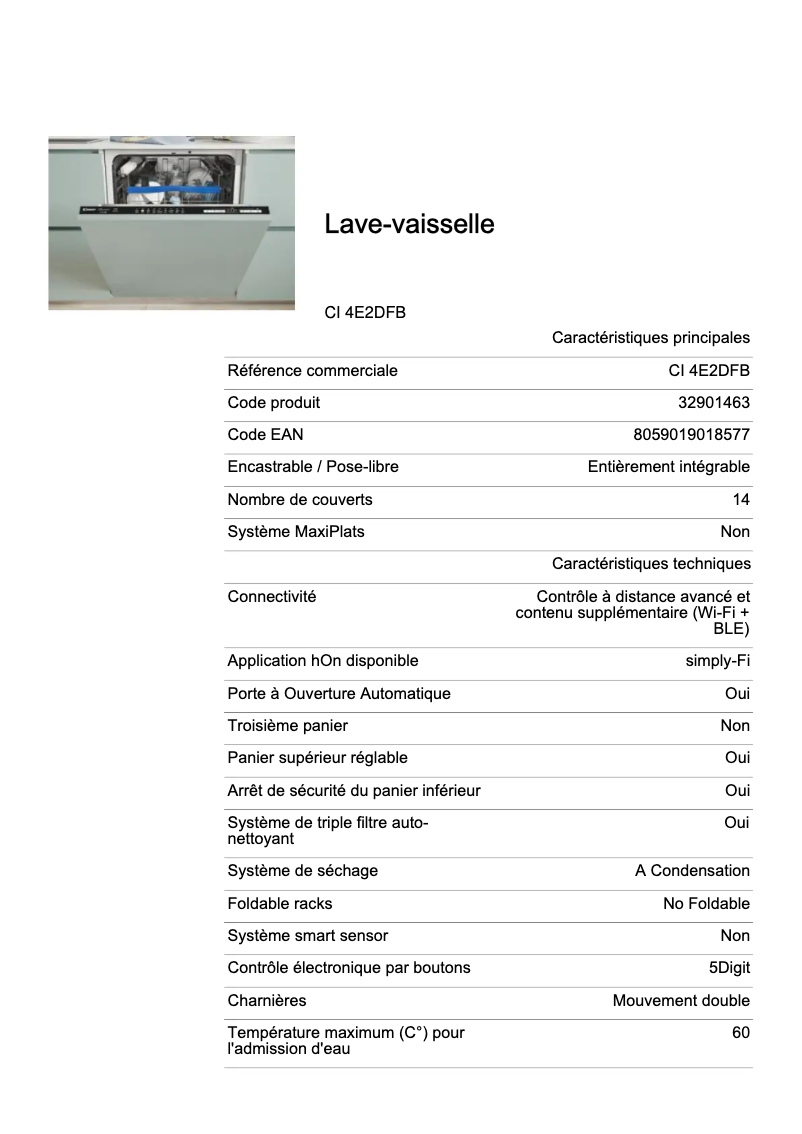 Page 1 de la notice Fiche technique Candy CI 4E2DFB