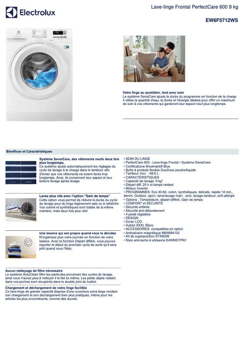 Page 1 de la notice Fiche technique Electrolux EW6F5712WS