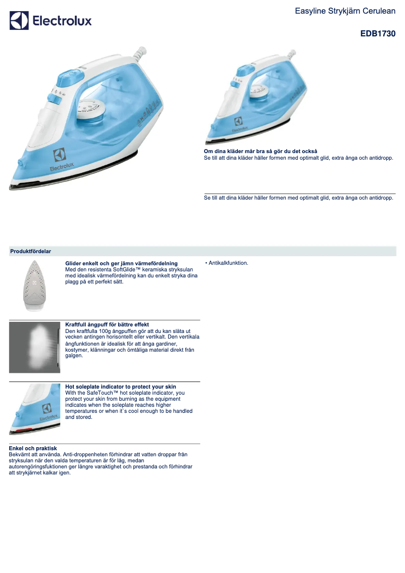 Page 1 de la notice Fiche technique Electrolux EDB1730
