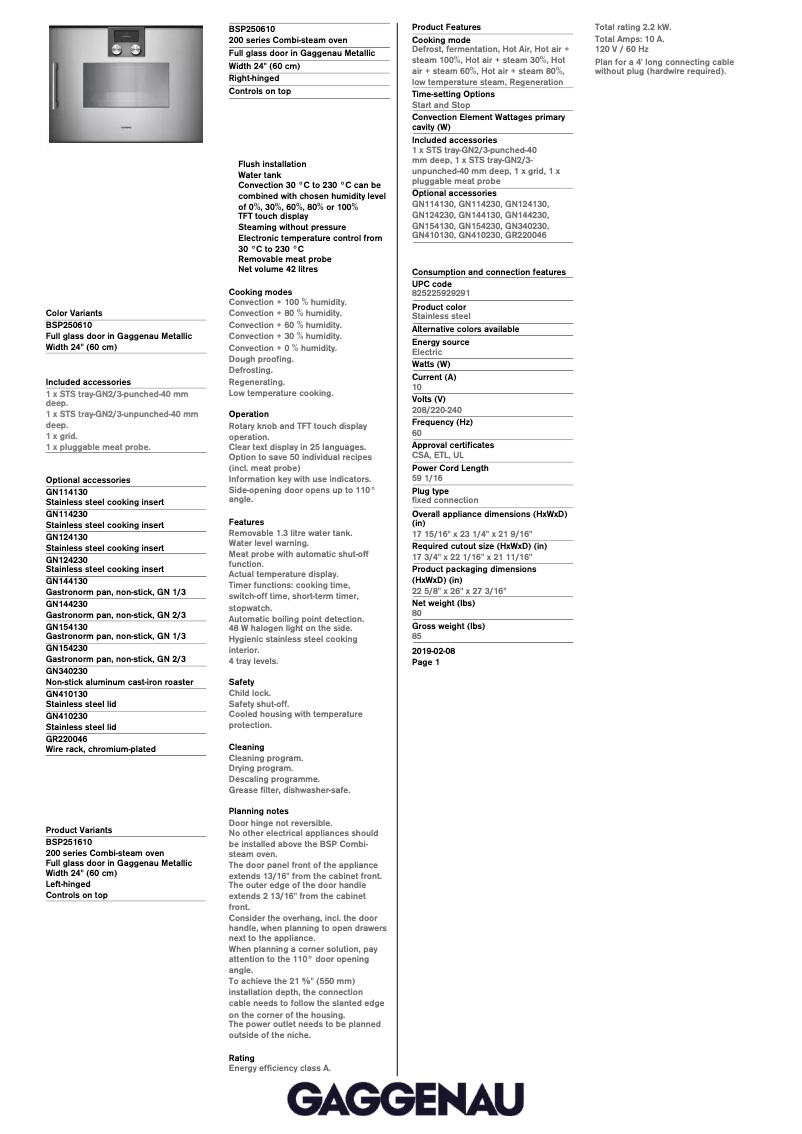 Page 1 de la notice Fiche technique Gaggenau BSP251610