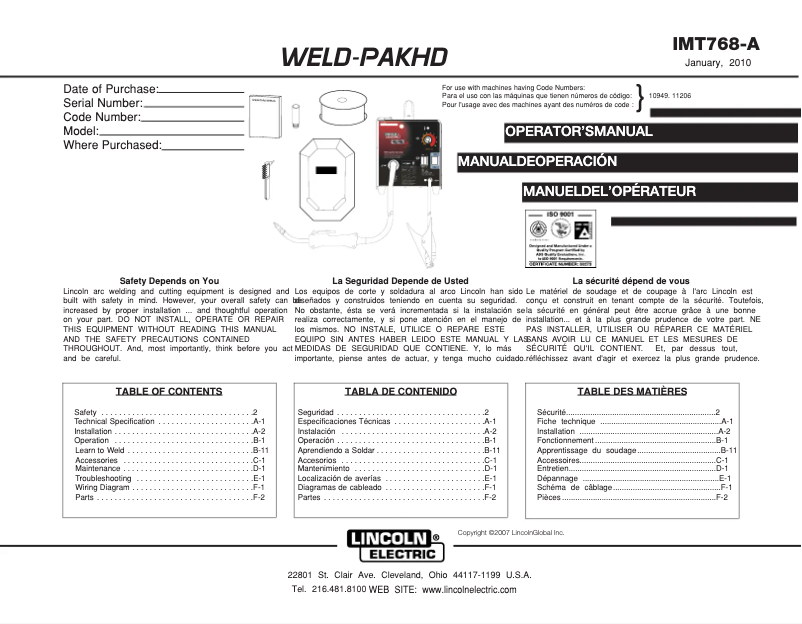 Page 1 de la notice Manuel utilisateur Lincoln Electric WELD-PAK HD