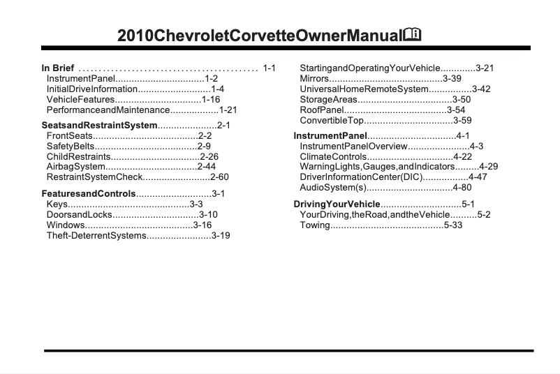 Page 1 de la notice Manuel utilisateur Chevrolet Corvette GS Convertible (2010)