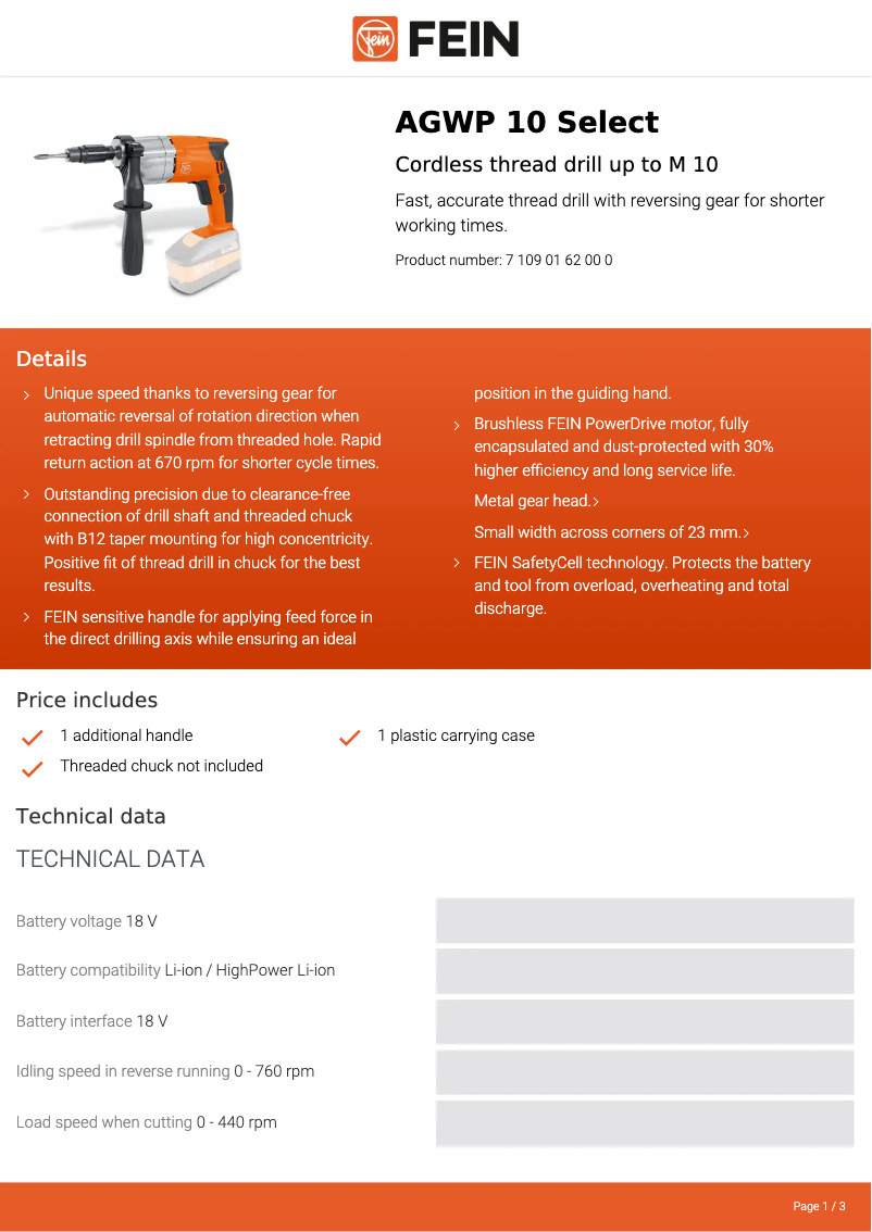 Page 1 de la notice Fiche technique Fein AGWP 10 Select