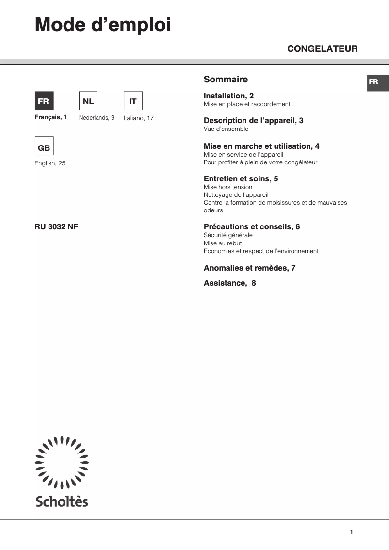 Page 1 de la notice Manuel utilisateur Scholtès RU 3032 NF