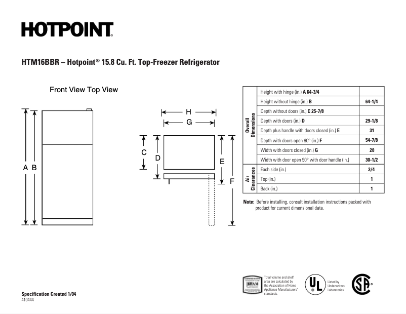 Page n°1 - Fiche technique Hotpoint HTM16BBRSA