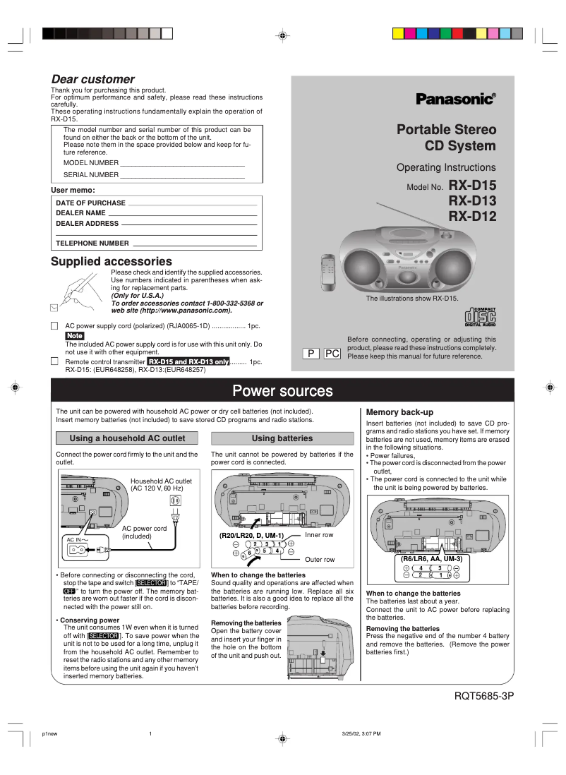 Page n°1 - Manuel utilisateur Panasonic RX-D15P