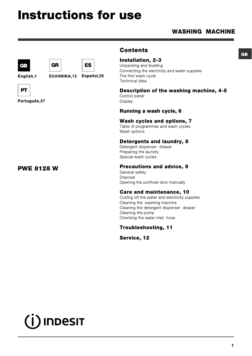 Page 1 de la notice Manuel utilisateur Indesit PWE 8128 W