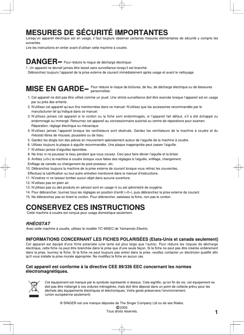 Page 1 de la notice Manuel utilisateur Singer Confidence
