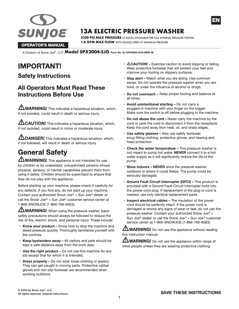 Page 1 de la notice Manuel utilisateur Sun Joe SPX2004-SJG