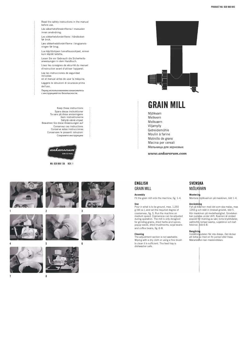 Page n°1 - Manuel utilisateur Ankarsrum Grain Mill