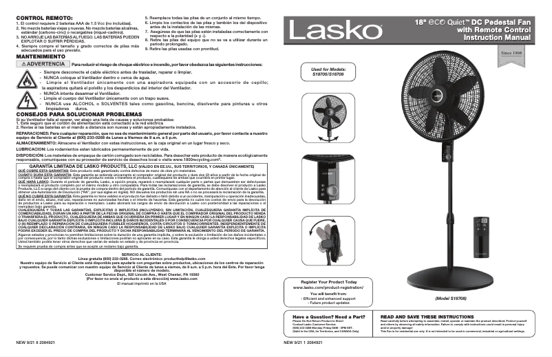 Page 1 de la notice Manuel utilisateur Lasko EcoQuiet S18705