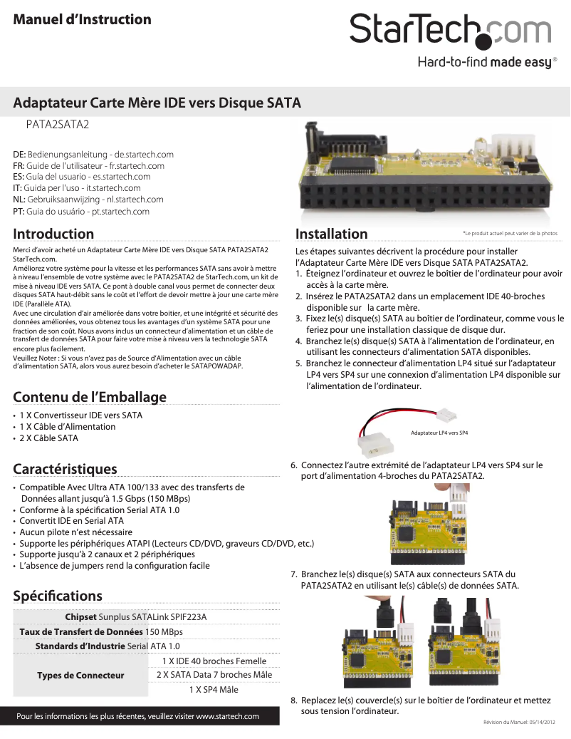 Page 1 de la notice Manuel utilisateur StarTech.com PATA2SATA2