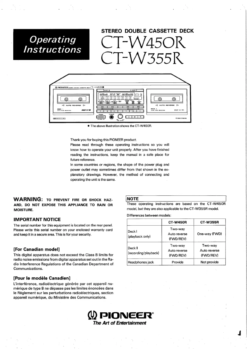 Page n°1 - Manuel utilisateur Pioneer CT-W450R