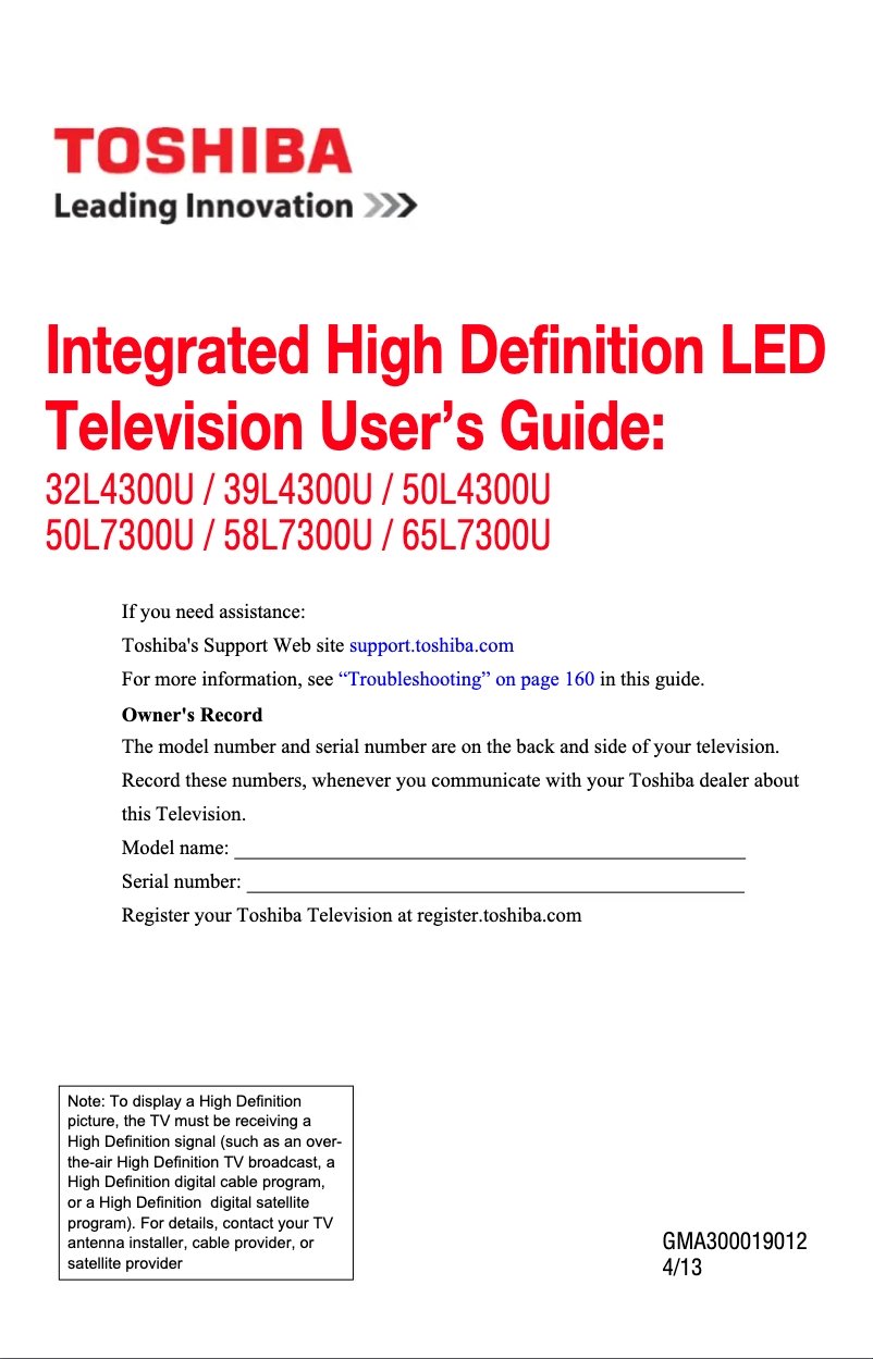 Page 1 de la notice Manuel utilisateur Toshiba 39L4300U