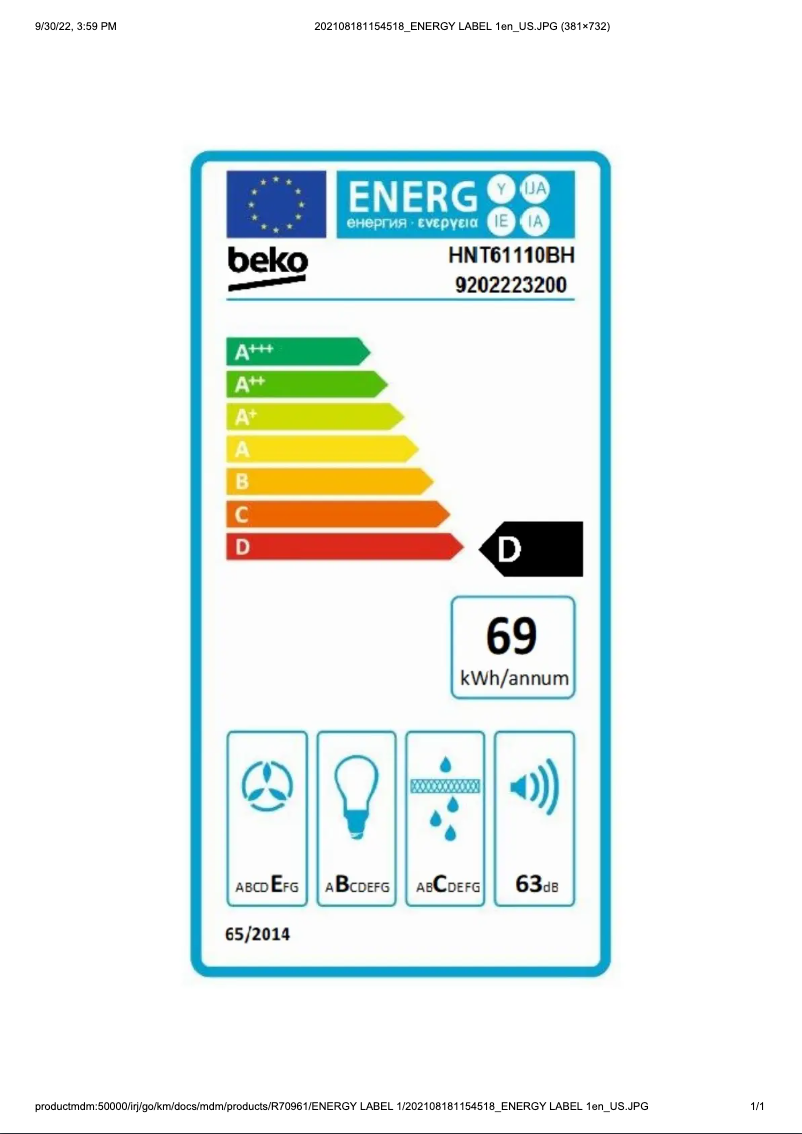 Page n°1 - Label énergétique Beko HNT61110BH