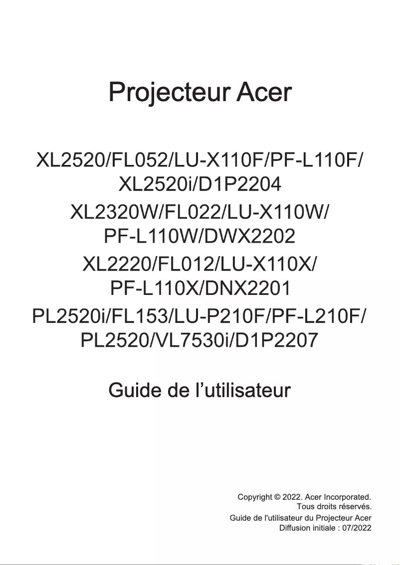 Page 1 de la notice Manuel utilisateur Acer PL2520i