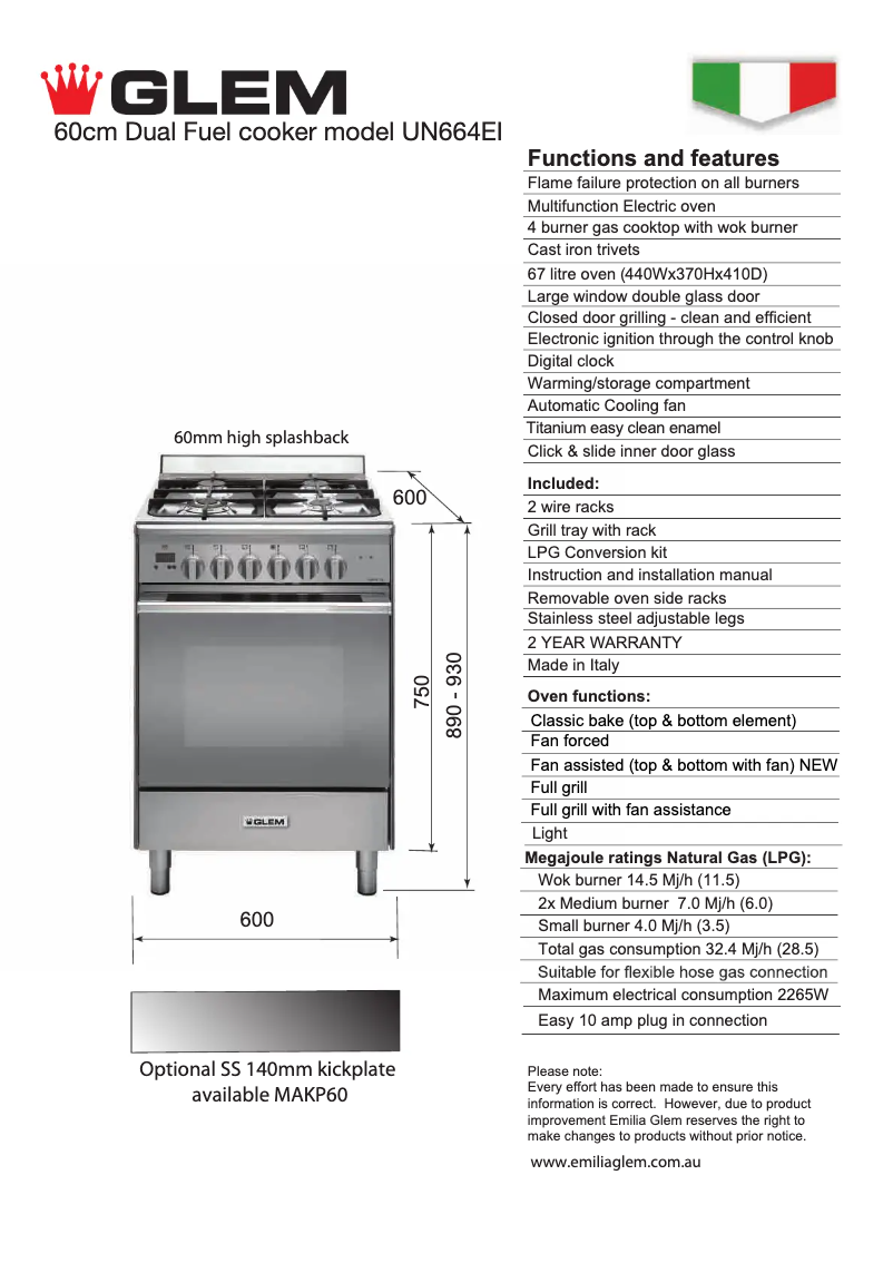 Page n°1 - Fiche technique Glem Gas UN664EI