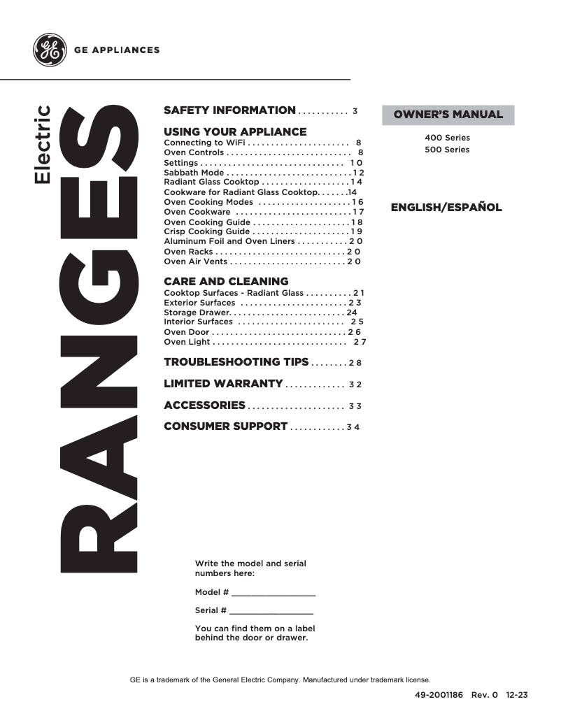 Page n°1 - Manuel d'utilisation et d'entretien GE GRF400SVWW
