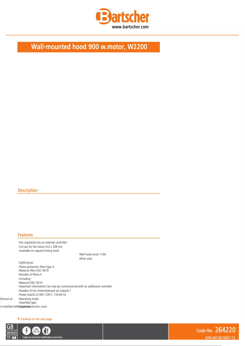 Página 1 del manual Ficha técnica Bartscher 264220