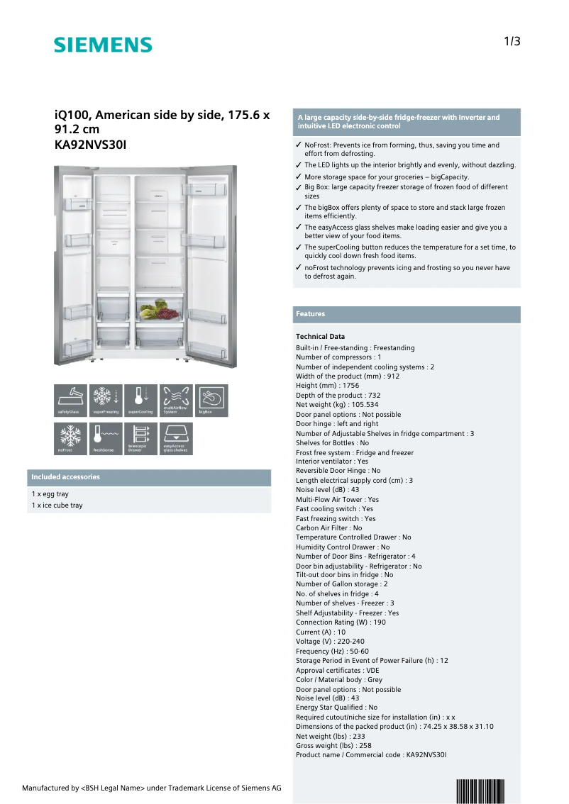 Page n°1 - Fiche technique Siemens KA92NVS30I
