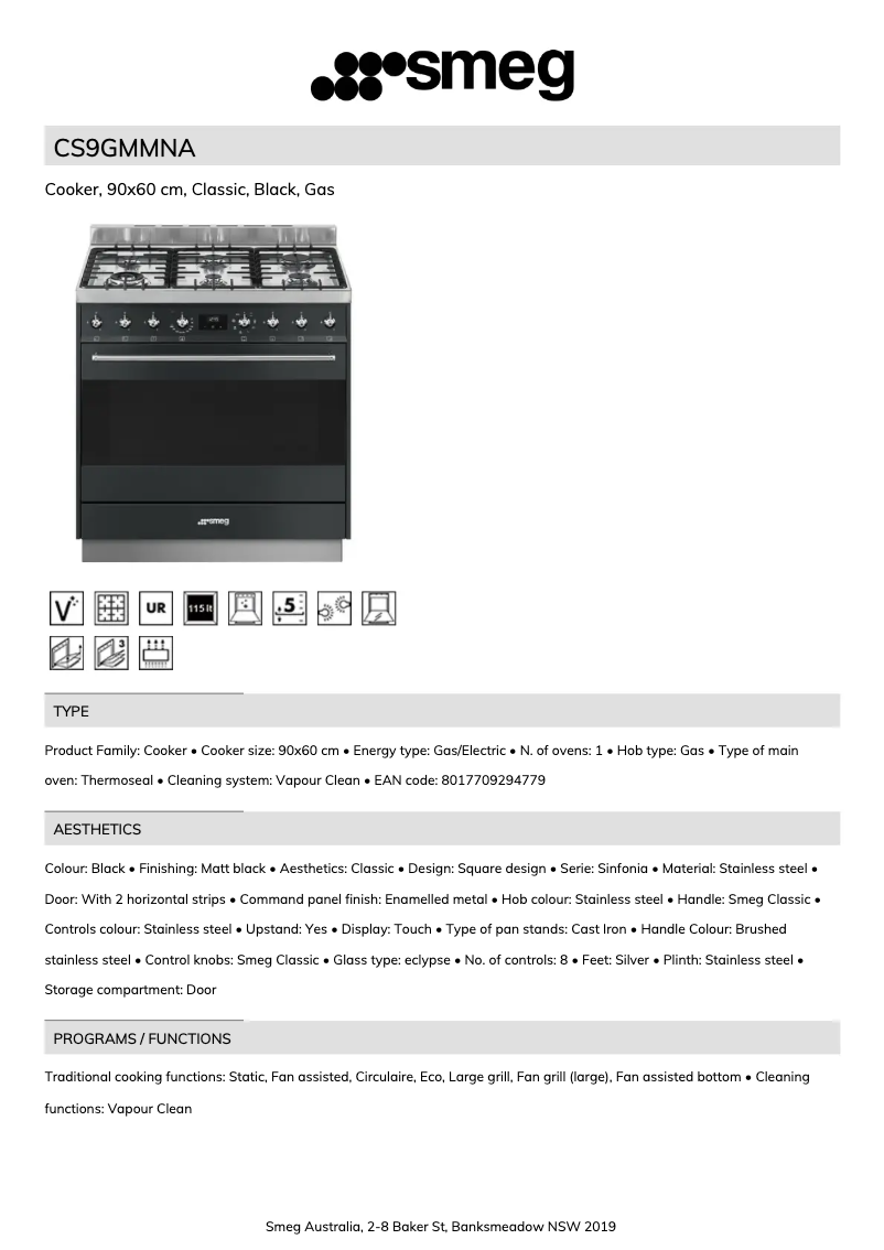 Page 1 de la notice Fiche technique Smeg CS9GMMNA